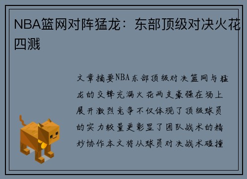 NBA篮网对阵猛龙：东部顶级对决火花四溅