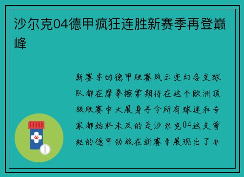 沙尔克04德甲疯狂连胜新赛季再登巅峰