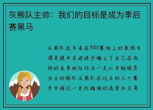 灰熊队主帅：我们的目标是成为季后赛黑马