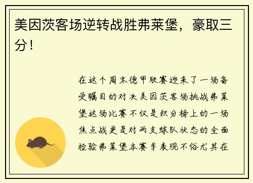美因茨客场逆转战胜弗莱堡，豪取三分！