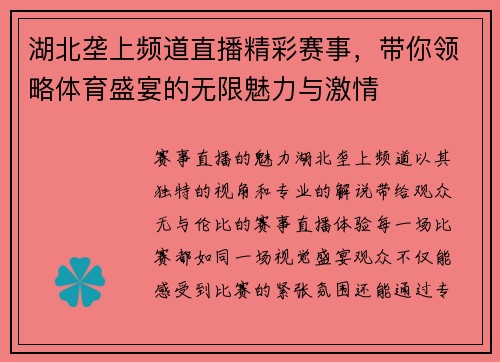 湖北垄上频道直播精彩赛事，带你领略体育盛宴的无限魅力与激情